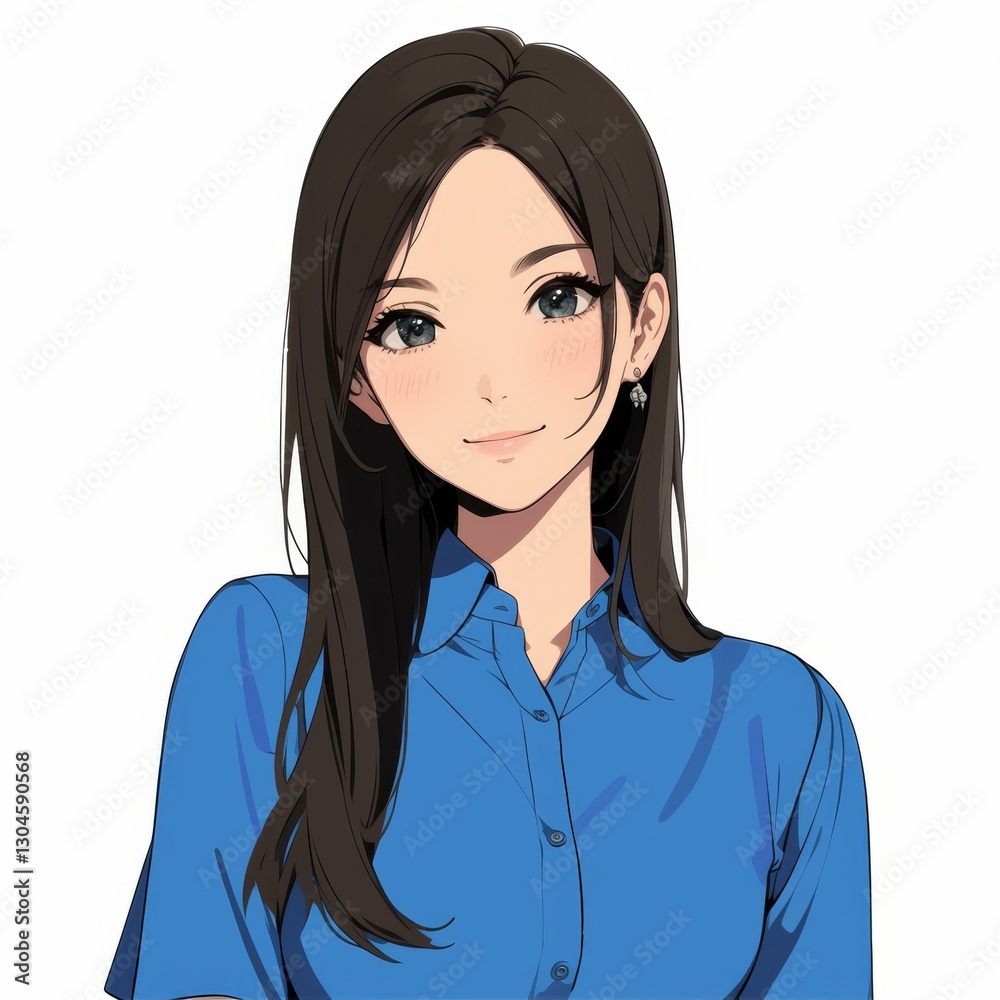 Animated Portrait of Brunette Woman in Blue Collared Shirt Posing with a Gentle Smile Animated Portrait of Brunette Woman in Blue Collared Shirt Posing with a Gentle Smile
