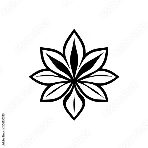 Anise-shaped star anise flower in black and white, symmetrical floral composition, clean look.