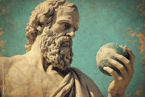 The Greek God Atlas is depicted holding the globe in his hand in this stock digital painting