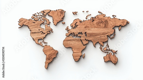 Detailed Light Brown Wooden World Map on White Background photo