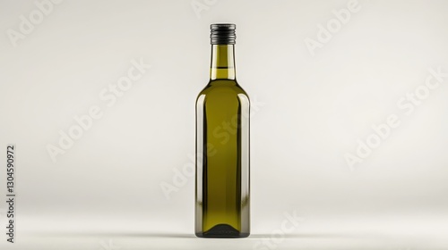 A pristine, green olive oil bottle, its sleek form accentuated by a blank, pristine label, rests against a stark white background, ready to showcase the product is elegance and versatility, perfect