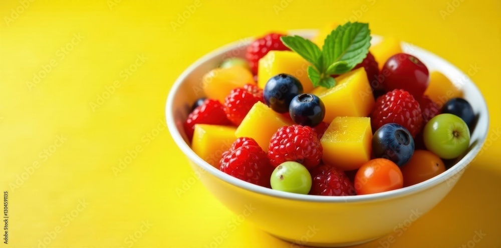 Vibrant mixed fruit salad in bowl, yellow backdrop , food photography, vibrant colors Vibrant mixed fruit salad in bowl, yellow backdrop , food photography, vibrant colors