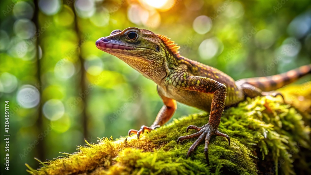 Fototapeta premium Inquisitive Brown Anole Lizard on Tree Branch in Rainforest Habitat
