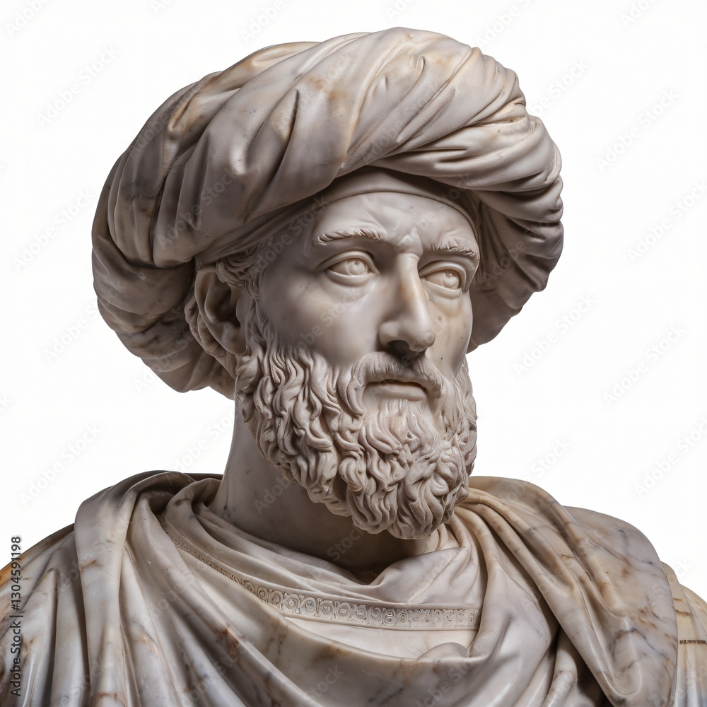 Obraz premium Marble Bust of a Turbaned Figure with Draped Garment Isolated on White Background.