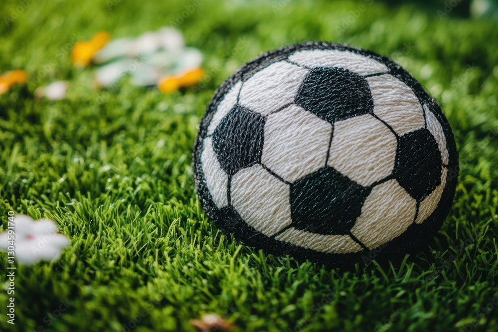 Fototapeta premium Soccer ball resting on vibrant green grass with scattered petals creating a playful and natural scene capturing the essence of outdoor sport and recreation
