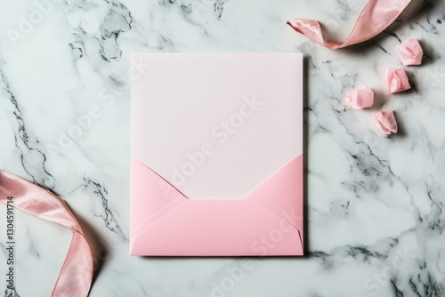 On a marble background, an elegant flat lay displays a wedding stationery set consisting of a pink envelope, a blank card, and delicate flowers, captured from a top view