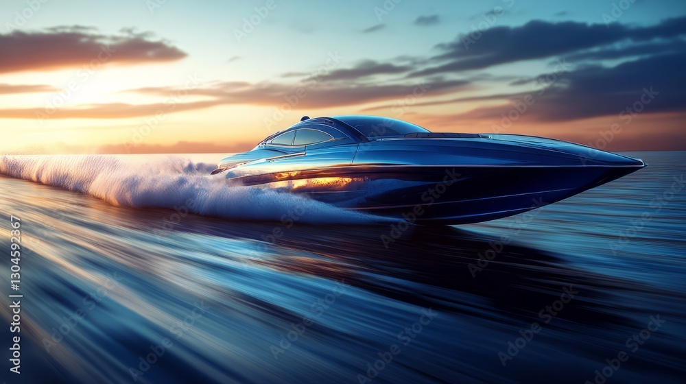 Obraz premium A high-speed motorboat racing toward the open sea, its wake trailing behind 