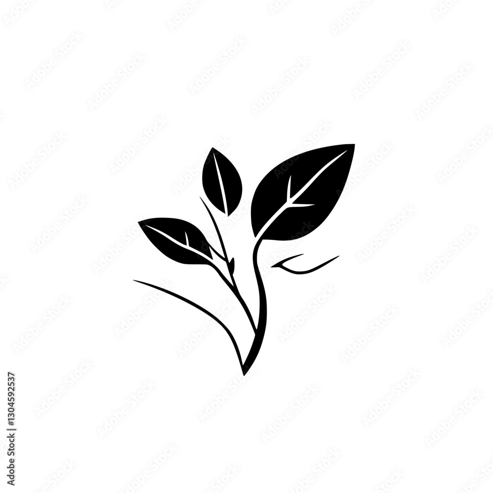 Black Ink Silhouette of a Plant's Branch, Leaves on White Background, Minimalism, Isolated, Nature Concept. Black Ink Silhouette of a Plant's Branch, Leaves on White Background, Minimalism, Isolated, Nature Concept.