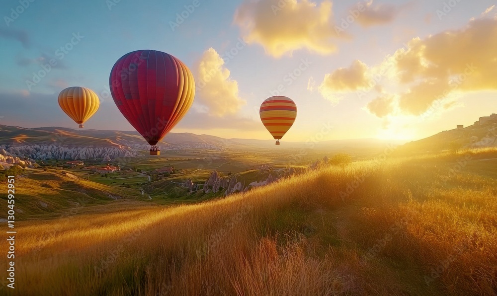 Naklejka premium Vibrant hot air balloons floating over a serene countryside at sunrise, with soft golden light illuminating the scene. Bold tones evoke wonder,
