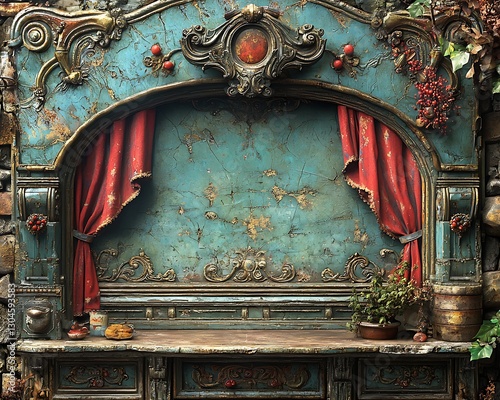 Antique puppet stage, rustic backdrop