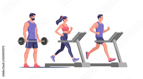 Individuals engaging in various workout activities at a gym, showcasing strength training and cardio exercises during a fitness session. Vector illustration in a minimalistic style.