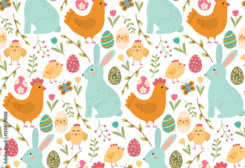 Seamless pattern with cute bunny, chicken, chicks, flowers, leaves and eggs. Colorful Easter background with traditional elements of the holiday