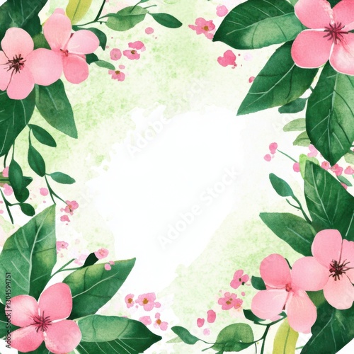 Watercolor spring flowers with green leaves
with space for text