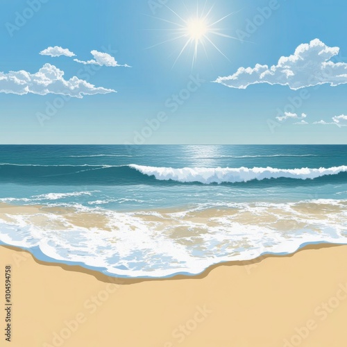 Sandy beach with soft waves and blue sky