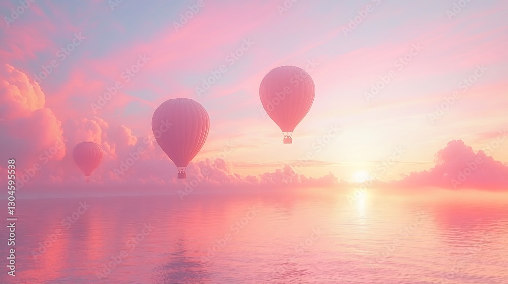 Obraz premium Three hot air balloons floating in a pastel sunrise sky with clouds and warm colors