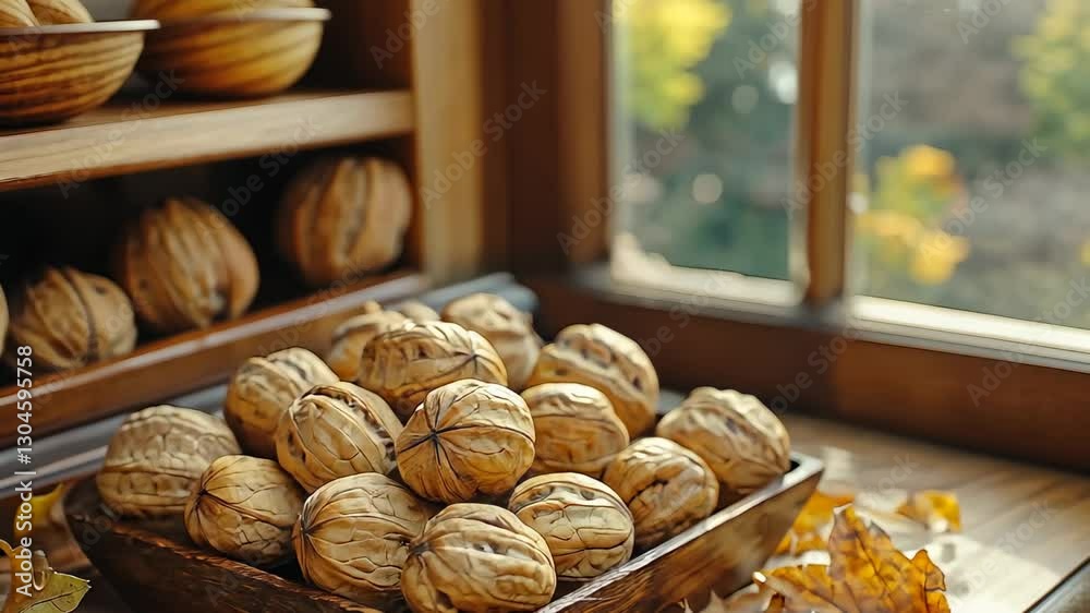 Wooden bowl of walnuts on autumn table by window