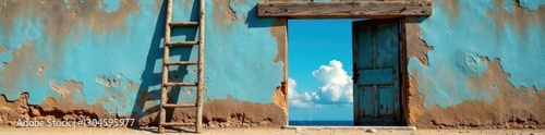 Old weathered ladder against an open door  vibrant blue sky behind   summer  shadow