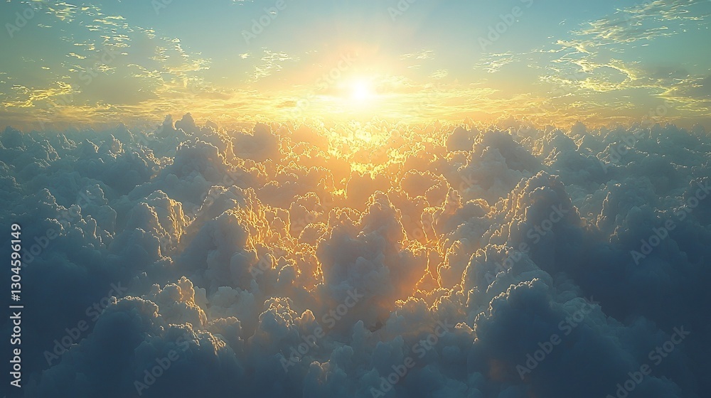 Fototapeta premium Sunlight breaking through fluffy cumulus clouds in a vast blue sky