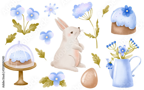 Spring Easter collection with bunny, rabbit, hare, eastrer glaze cake, blue april flowers. Hand drawn easter religion illustration on isolated background photo