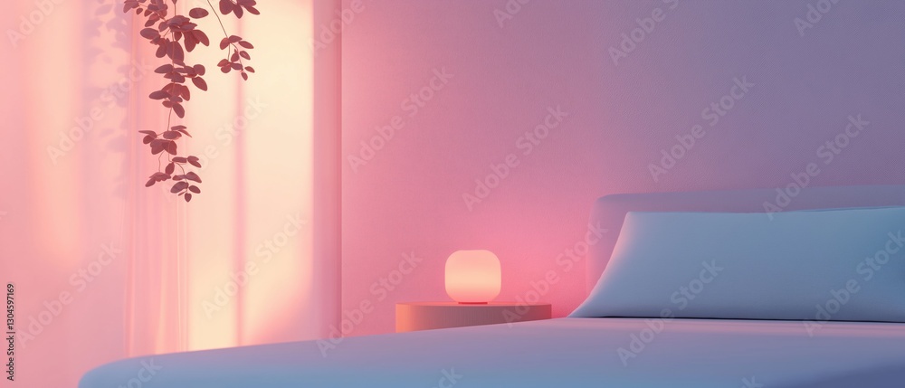 Bedroom with a bed in the foreground. the bed has a white headboard and a blue pillow. on the right side of the bed, there is a small white nightstand with a pink lamp on it. Bedroom with a bed in the foreground. the bed has a white headboard and a blue pillow. on the right side of the bed, there is a small white nightstand with a pink lamp on it.