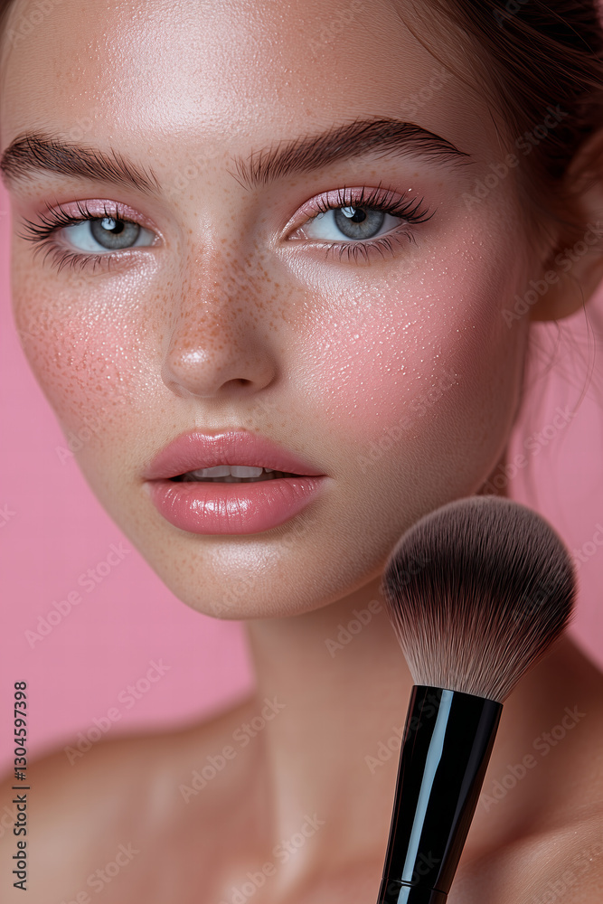 Close-up Portrait Of Young Woman With Glitter Makeup Holding Brush Against Pink Backdrop Close-up Portrait Of Young Woman With Glitter Makeup Holding Brush Against Pink Backdrop