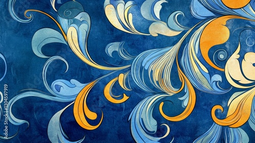 Colorful Abstract Swirls and Floral Patterns on Deep Blue Background