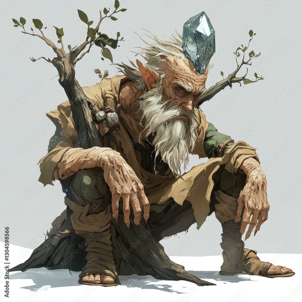Fototapeta premium Forest Guardian Squatting with Crystal on Head in Woods Fantasy Art Grimace Old Tree Trunk Rocks