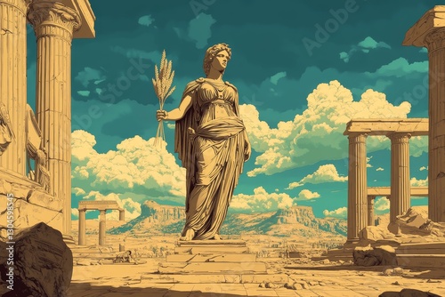 A statue of the Greek Goddess Demeter stands in a field, holding ears of wheat, available as stock