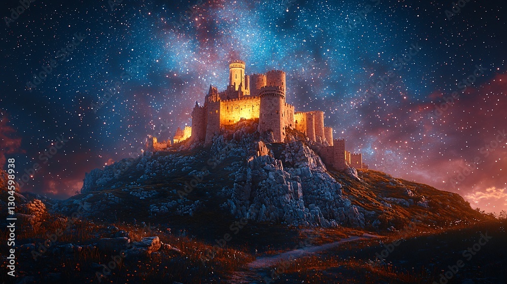 Fototapeta premium Ancient castle on a hill illuminated by orange glow with starry night sky above it
