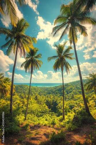 Tropical palm trees stand tall with lush green fronds in the exotic nature of a jungle under a clear blue sky