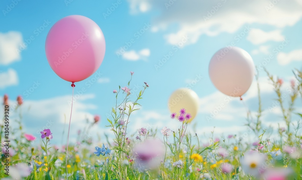 Fototapeta premium Whimsical pastel-colored balloons floating above a field of blooming wildflowers under a bright blue sky, soft focus background,