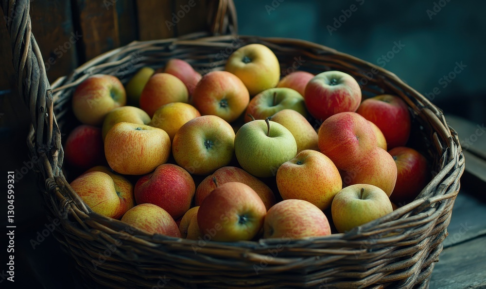 Rustic basket filled with fresh apples in shades of red, yellow, and green, soft natural light emphasizing their textures and creating a warm harvest scene Rustic basket filled with fresh apples in shades of red, yellow, and green, soft natural light emphasizing their textures and creating a warm harvest scene