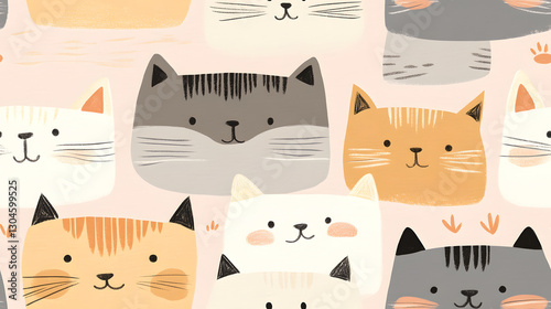 pattern with cute cats. Hand drawn illustration.