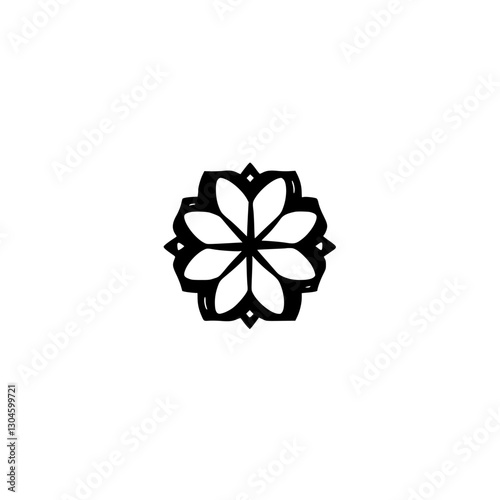 Bold, stylized black and white flower emblem of radial symmetry on white backdrop.
