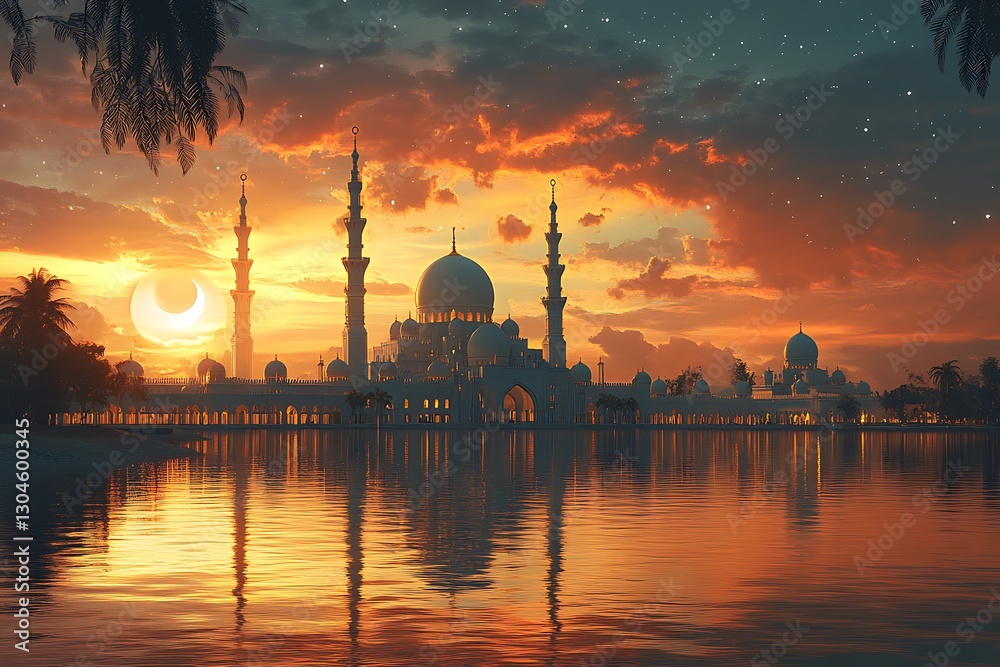 Fototapeta premium Mosque with Domes and Minarets Reflecting at Sunset