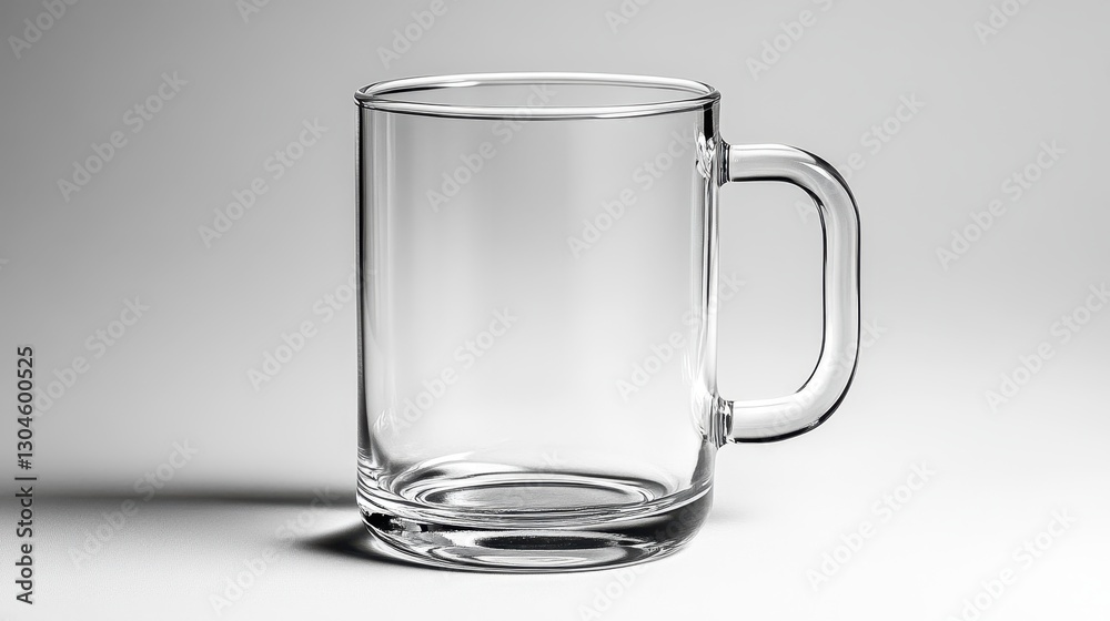 A crystal-clear glass mug, with its smooth handle, rests against a pristine white background, highlighting its transparency and minimalist design, ready to hold a refreshing beverage.