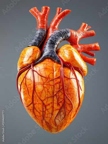 In a close-up view, a heart displays red and white veins. The red veins are bold and distinct, whereas the white veins are delicate and scarcely visible, surrounded by a grey background