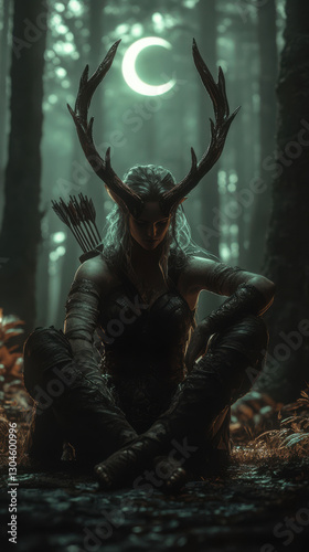 Mystical Artemis in Moonlit Forest Background