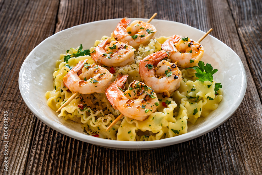 Pasta with grilled shrimps, garlic and parsley on wooden table Pasta with grilled shrimps, garlic and parsley on wooden table