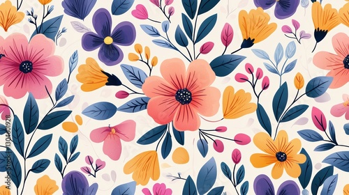 Vibrant floral pattern with colorful blossoms and leaves