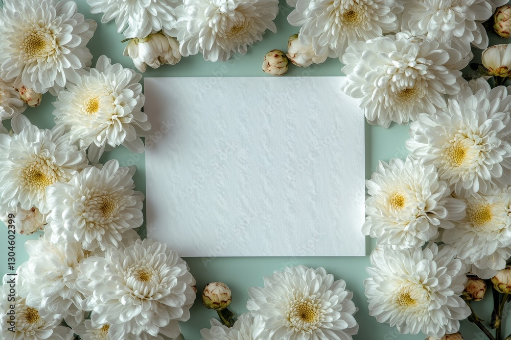 On a light green background, a blank white card mockup is beautifully surrounded by white daisies and green leaves to form an elegant wedding invitation card design On a light green background, a blank white card mockup is beautifully surrounded by white daisies and green leaves to form an elegant wedding invitation card design