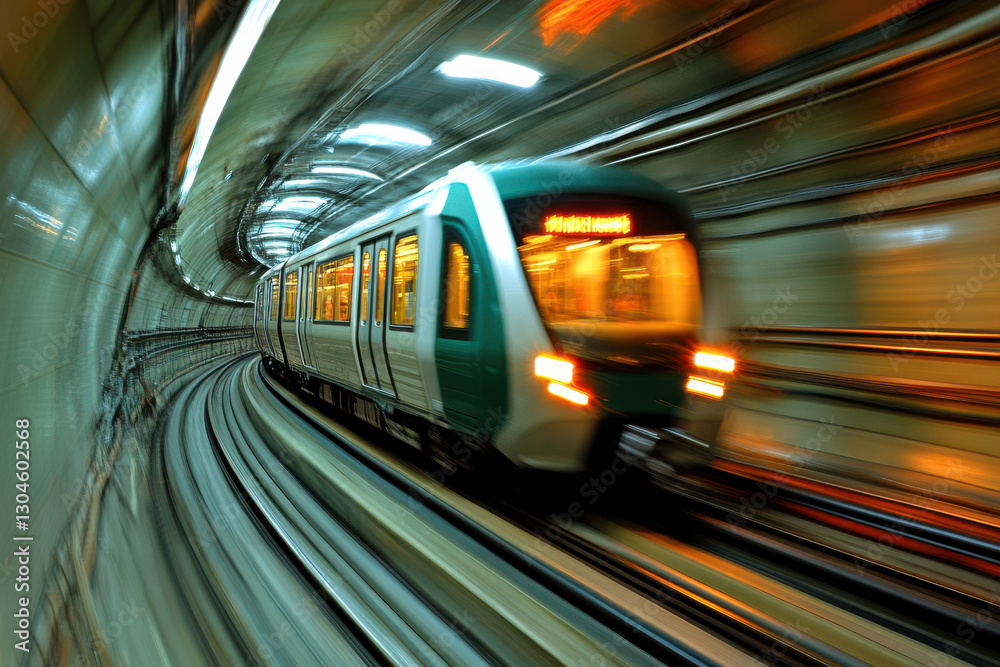 Fototapeta premium Fast Subway Train in Tunnel with Motion Blur Background