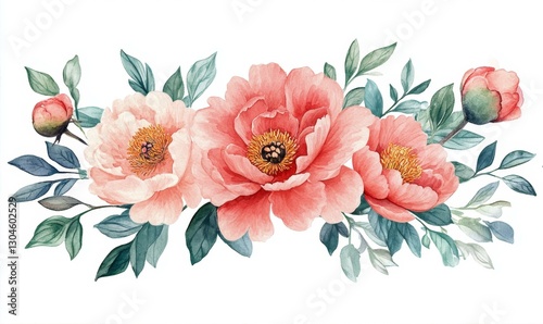 Watercolor Peonies Bouquet Elegant Floral Arrangement Design for Cards and Festive Decorations Artistic Motif