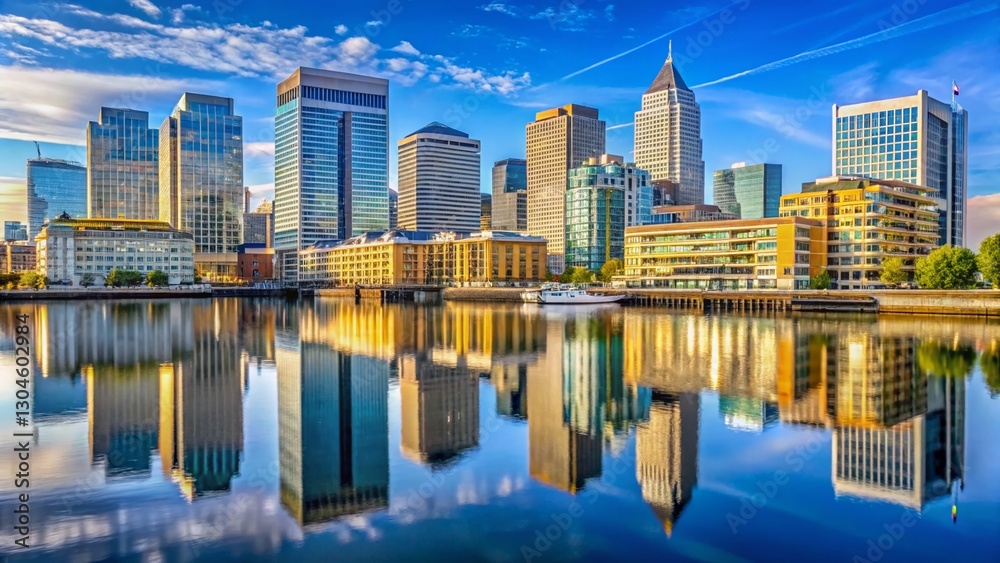 Fototapeta premium Limehouse Basin & Canary Wharf Skyline - Panoramic London Cityscape