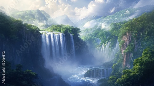 Serene Waterfall Cascading Through Lush Green Forest Landscape