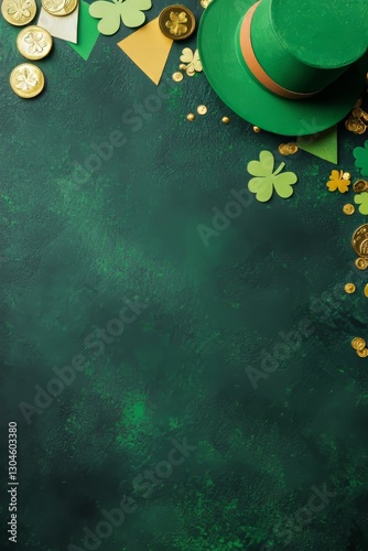 A festive St. Patrick's Day setting consists of a green backdrop accompanied by bunting, shamrocks, leprechaun hats, gold coins, and a horseshoe