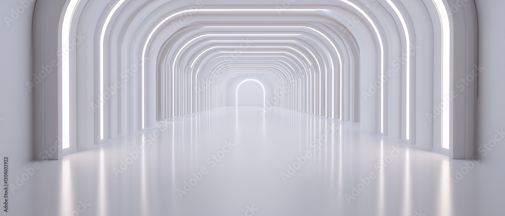 Long, straight corridor with a high ceiling. the corridor is made up of multiple arches that are arranged in a way that creates a tunnel-like shape.