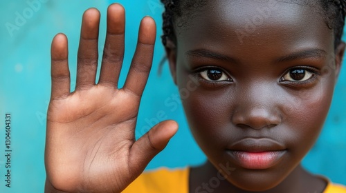Defiant african woman raising palm urban setting portrait photography empowerment concept