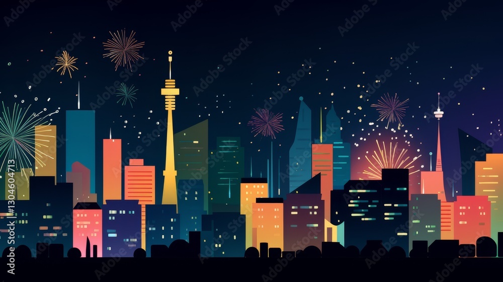 Fototapeta premium Colorful City Skyline With Fireworks Celebration at Night