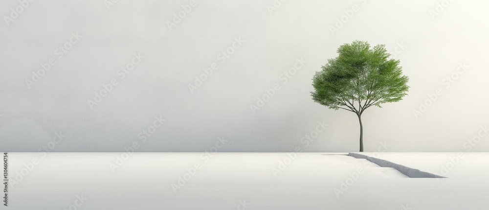 Obraz premium Single tree standing alone in the middle of a plain white room. the tree is tall and slender with a thin trunk and green leaves.